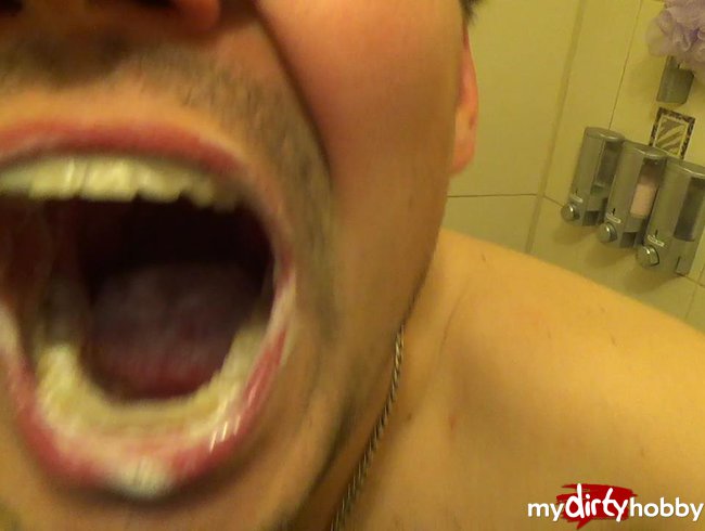 Alex sloppy brushing his teeth with nose fetish!